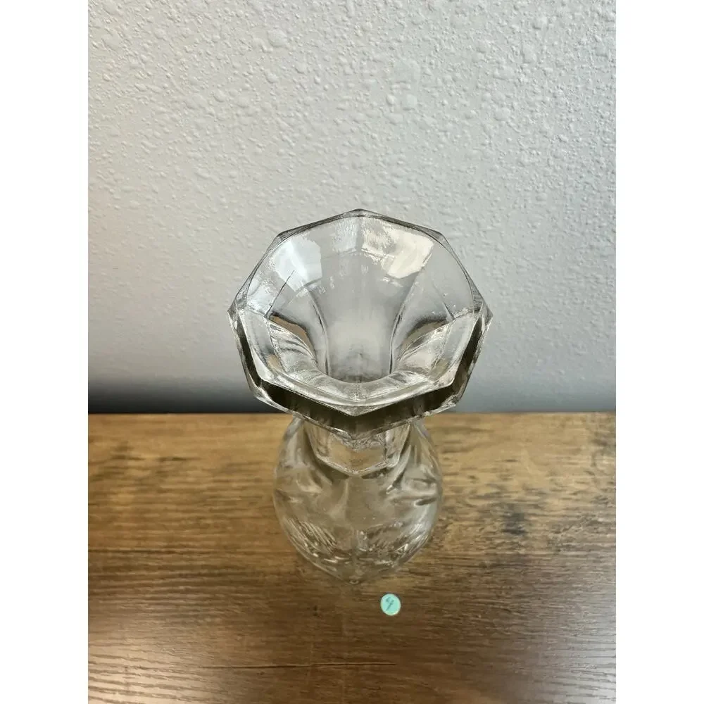 Clear Rounded Star Engraved Vase, 9 inches tall, ribbed sides, Great condition
